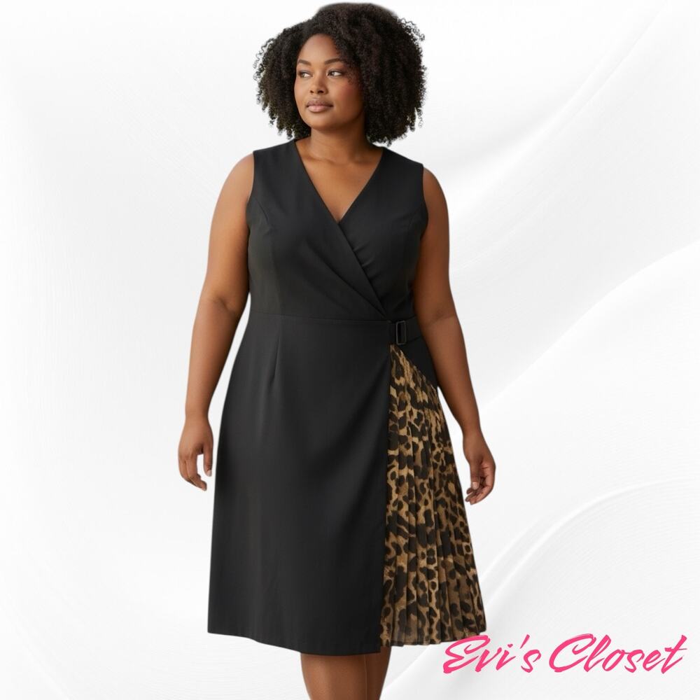 Lane Bryan Plus Sz 28 Black Sleeveless Faux Wrap Dress With Leopard Pleat Detail